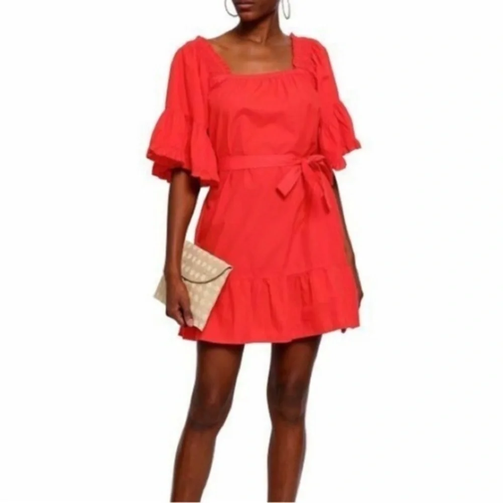 Joie Colstona Square Neck Half Bell Sleeve Ruffle Tomato Red‎ Mini Dress Small